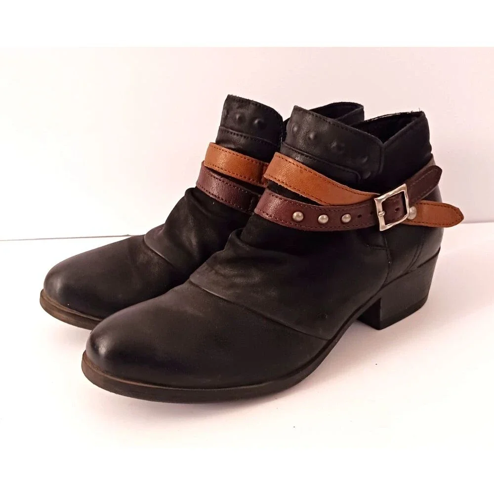 Miz Mooz Bucky Blk Leather Ankle Boot Stud Harness Strap EU 40 US 9